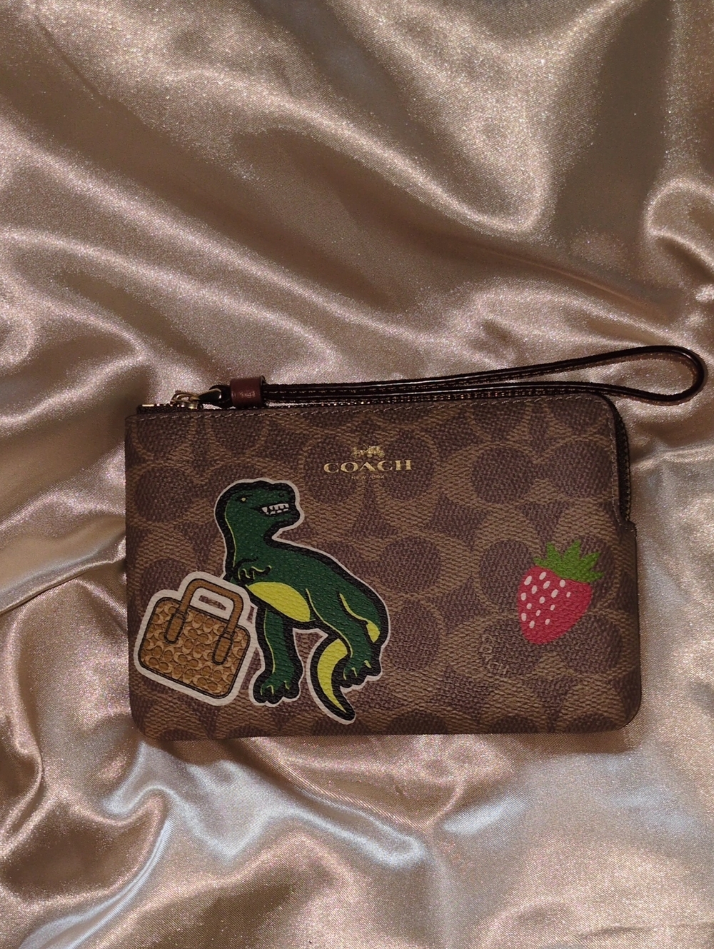 Coach Brown Signature Wristlet Pouch with Green Dino and Red Strawberry